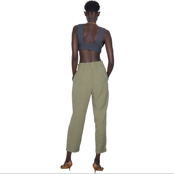 Zara Paperbag Waist Green Viscose High Rise Waisted Trousers Pants Size Medium - Picture 2 of 14